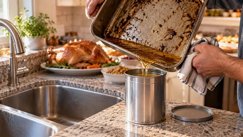 Cooled grease poured from a roasting pan into a metal can beside a kitchen sink after a holiday meal
