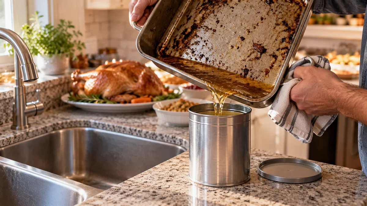 Cooled grease poured from a roasting pan into a metal can beside a kitchen sink after a holiday meal