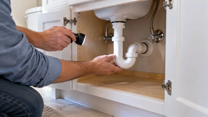 Dallas homeowner checking the P-trap under a bathroom sink for a sewer smell