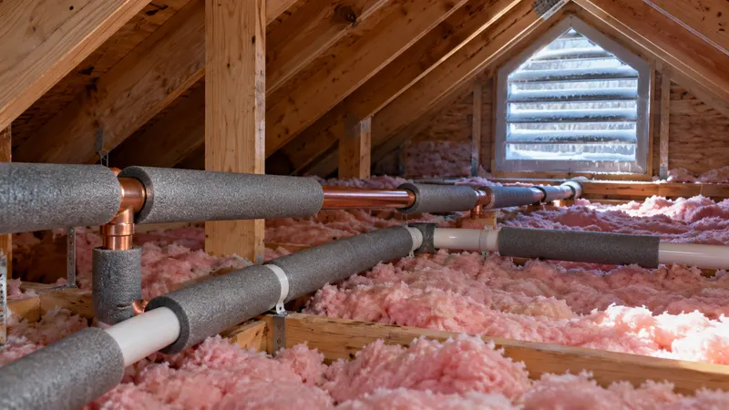 Foam insulation sleeves on copper water pipes in a Dallas attic before a freeze
