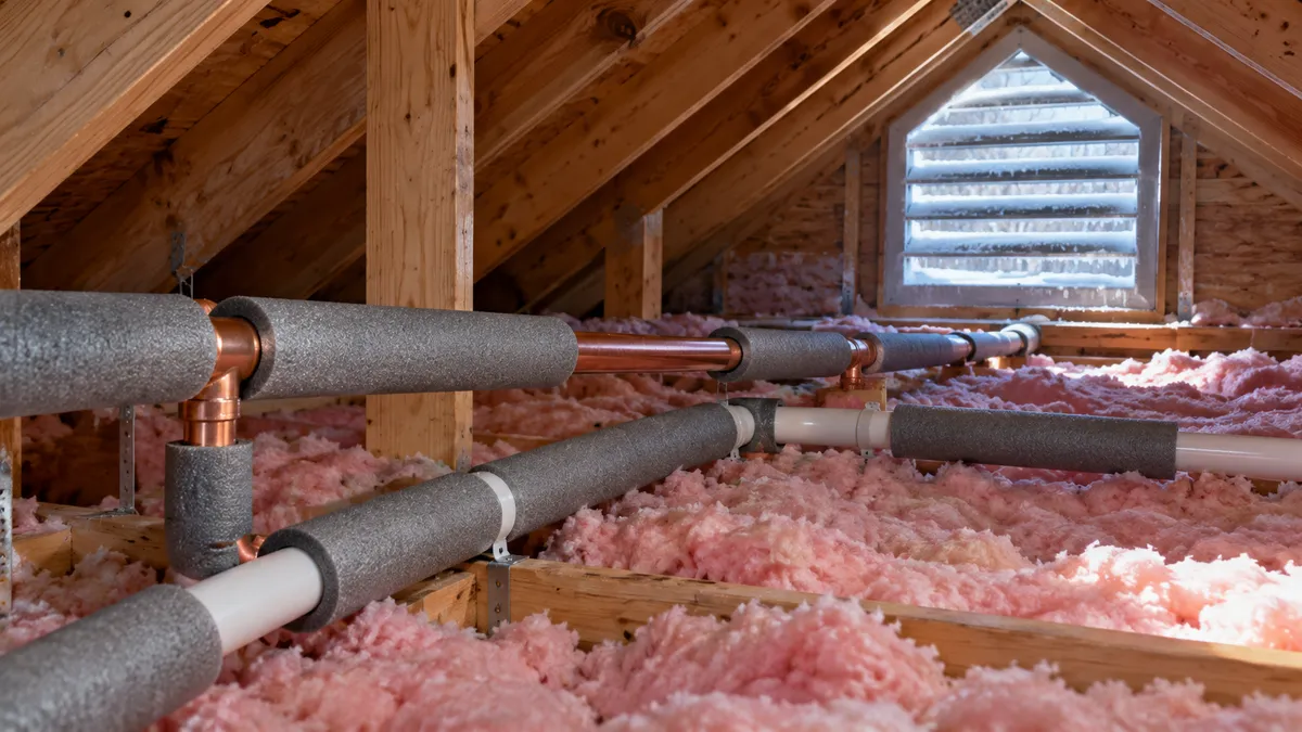 Foam insulation sleeves on copper water pipes in a Dallas attic before a freeze