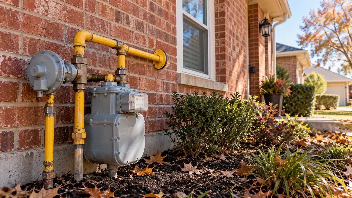 Natural gas meter and yellow gas piping at the foundation of a brick home in Dallas, Texas