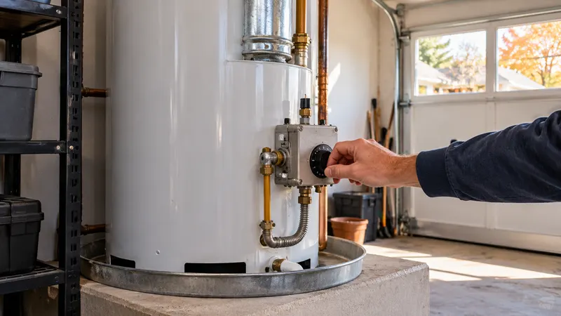 Homeowner checking the temperature dial on a gas water heater in a Dallas garage before winter