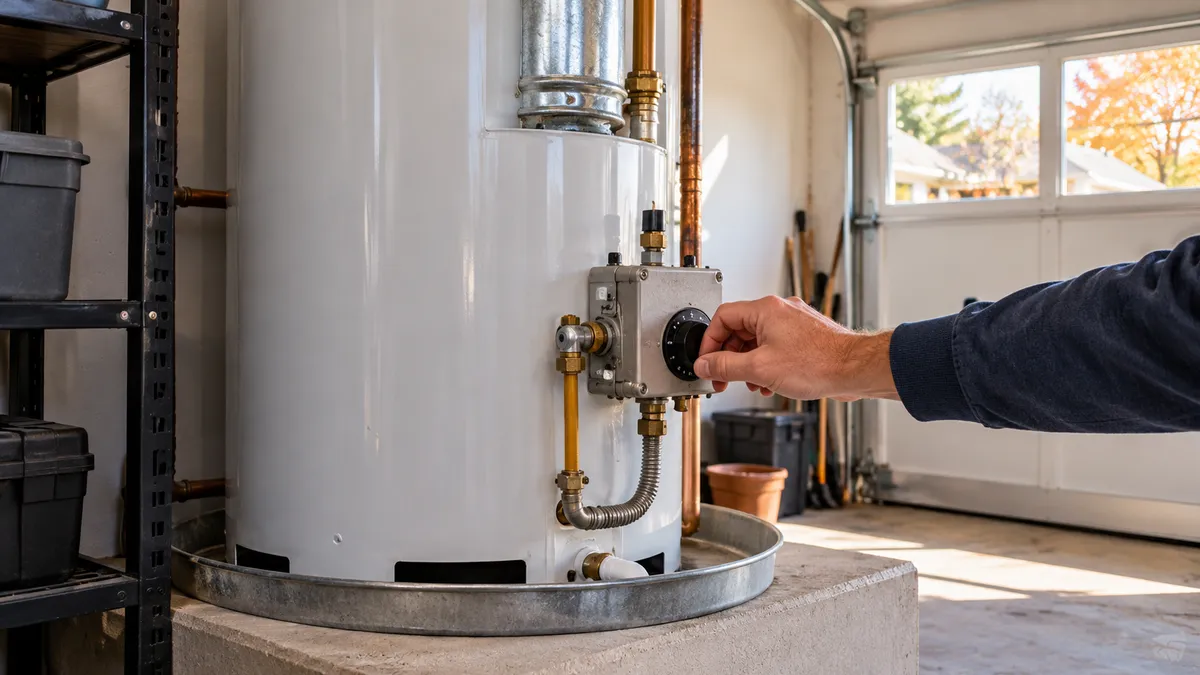 Homeowner checking the temperature dial on a gas water heater in a Dallas garage before winter