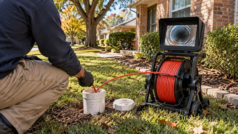 Sewer camera inspection at a cleanout in a Dallas front yard before trenchless sewer repair