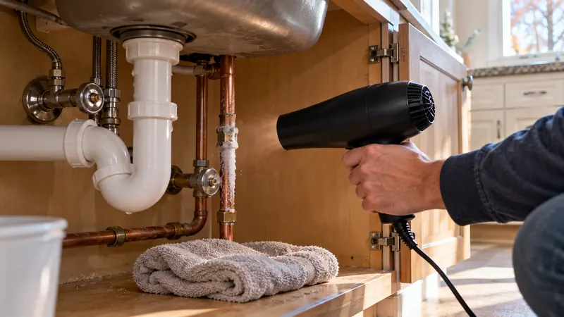 Homeowner's hand warming a frozen copper water pipe under a Dallas kitchen sink with a hair dryer