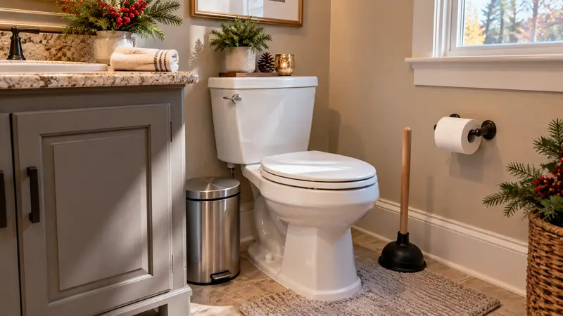 Guest bathroom in a Dallas home decorated for the holidays, with a plunger and a lidded trash can beside the toilet