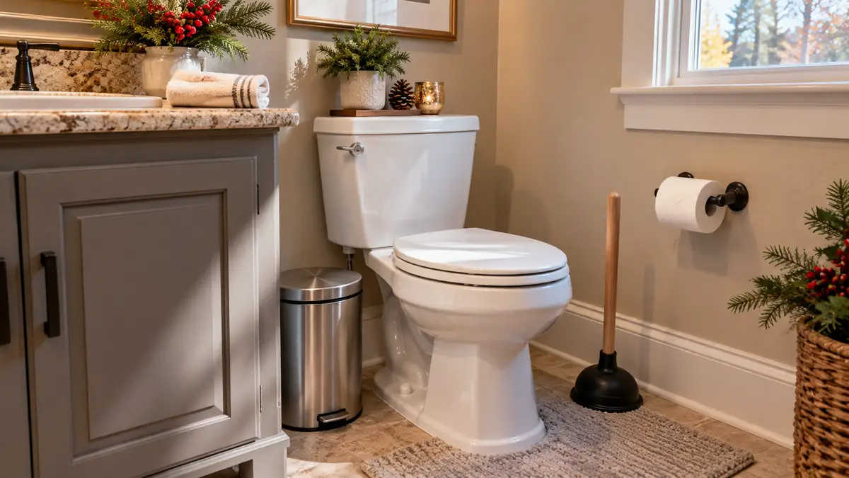 Guest bathroom in a Dallas home decorated for the holidays, with a plunger and a lidded trash can beside the toilet