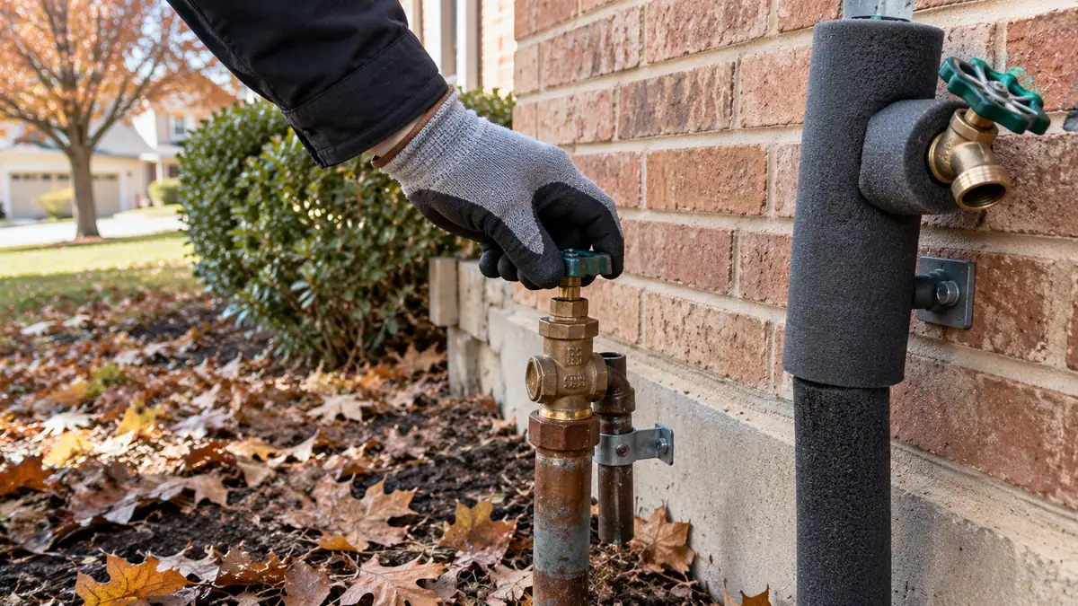 Gloved hand turning a main water shut-off valve beside an insulated outdoor faucet at a Dallas home before winter