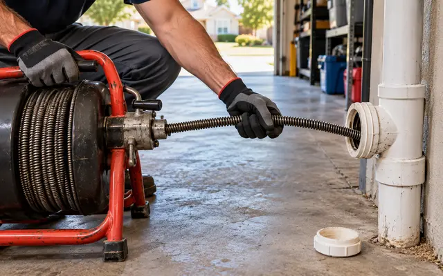 Drain cable machine feeding into a white PVC cleanout in a garage