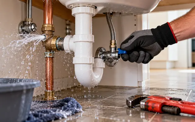 Water spraying from a burst pipe fitting under a sink while a gloved hand closes the shutoff valve