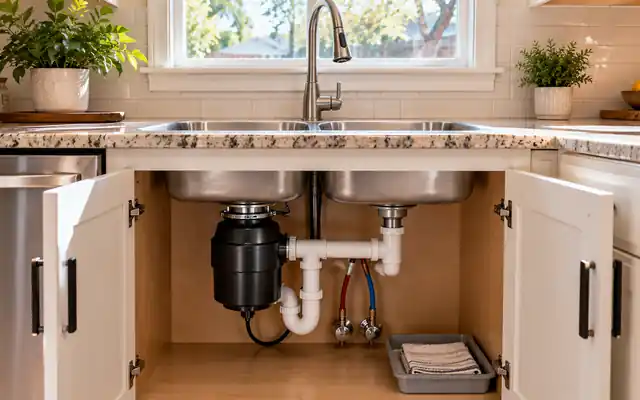 Kitchen sink in a Dallas home with the cabinet open showing the garbage disposal, drain pipes and supply valves