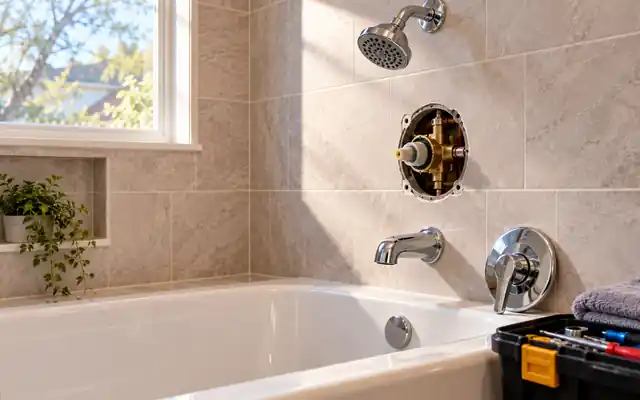 Shower valve with the trim removed above a tub spout in a tiled bathroom of a Dallas home