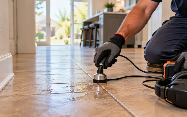 Acoustic leak detector placed on a tile floor over a concrete slab