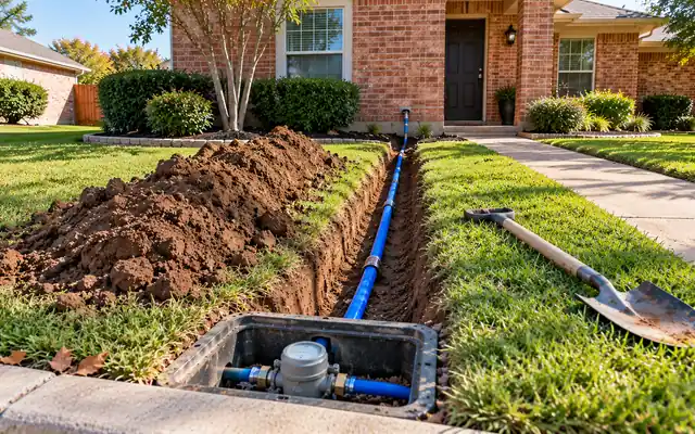 Trench in the front yard of a brick Dallas home exposing the blue water service line from the meter box to the house